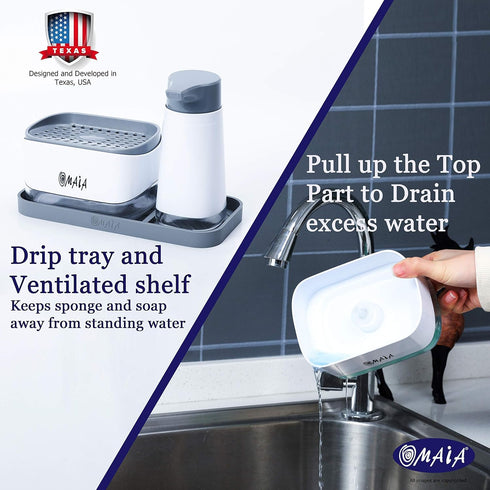 4-in-1 Set Countertop OMAIA Dish Soap Dispenser with Sponge Holder and Liquid Hand Soap Dispenser and Silicone Tray