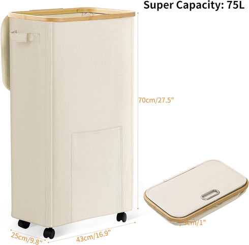 75L Laundry Basket with Wheels, Dirty Clothes Hamper on Wheels, Rolling Tall Laundry Hamper with lid for Laundry Room
