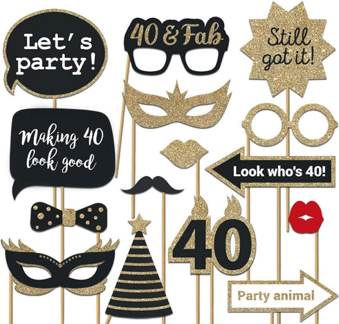 Fully Assembled 40th Birthday Photo Booth Props, Set of 30 - Black & Gold Selfie Signs for 40th Party Supplies