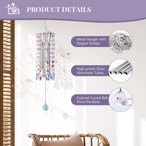 4 GiftAmaz Crystal Suncatcher Wind Chimes with Tuned Tubes, Hanging Prism Rainbow Maker Chandelier Crystal Pendant Wind