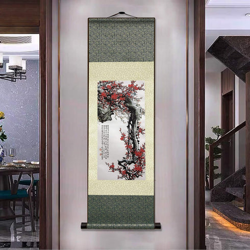 AtfArt Asian Wall Decor, Beautiful Silk Scroll Painting Flowers - Proud Plum, Iron Heart Oriental Wall Hanging