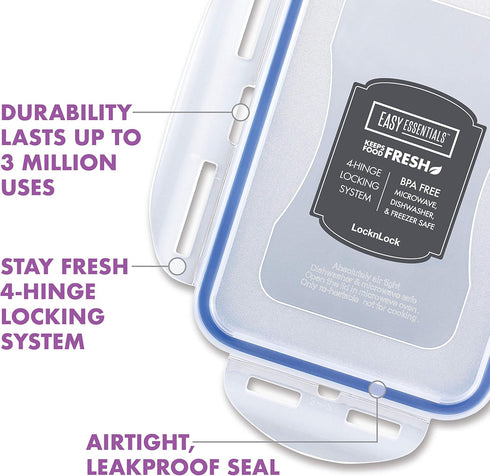LocknLock Easy Essentials Food Storage Containers, 6-Piece, Clear, BPA Free, Airtight Lids