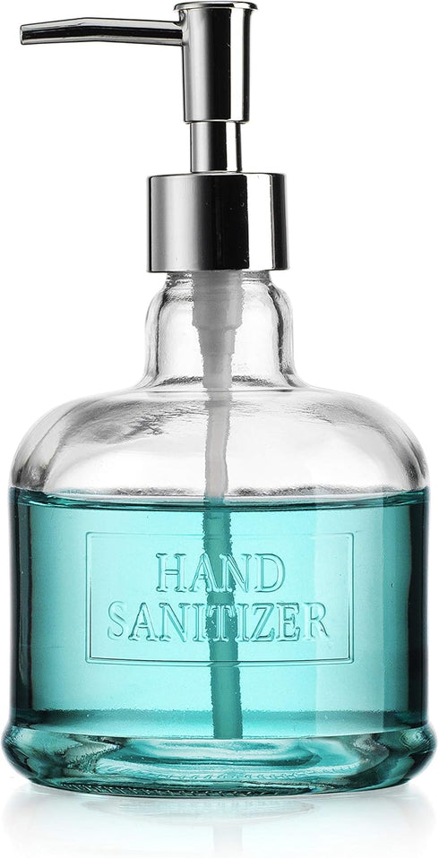 Elegant Home 18 Oz 7" Clear Embossed Glass Hand Sanitizer Dispenser Holder Bottle - Refillable Acrylic Pump for Soap,