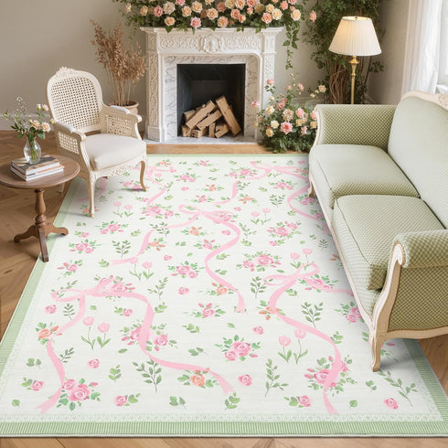 4x6 GarveeHome Coquette Pink and Green Bow Rugs for Bedroom Girls, Rug for Living Room with Soft Low Pile, Floral