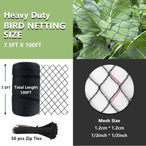 7.5 100 Bird Netting for Garden x FT Heavy Duty Black Garden Netting for Fruit Trees, Chicken Coop, Pond, Blueberry