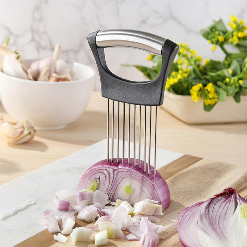 Mumulo Stainless Steel Onion Slicer for Onions, Tomatoes, Eggs, and Vegetables with Protective Cover (Black)