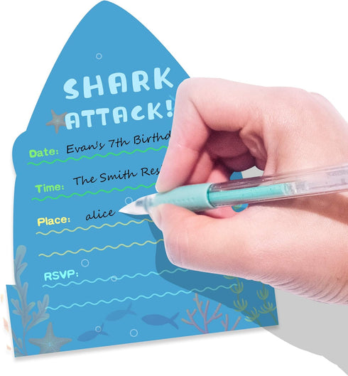 Yangmics Direct 25 Pack Shark Birthday Party Invitations with Envelopes, Double Sided Fill-In
