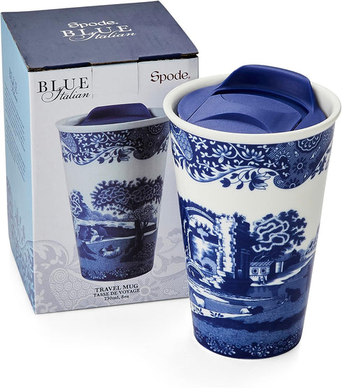 Spode Blue Italian 8oz Porcelain Travel Mug with Lid – Scenic Patterned Drinkware with Decorative Border, Portable