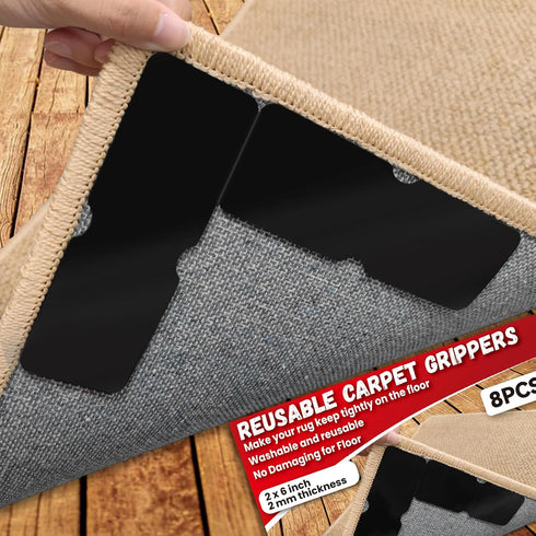 Rug Carpet Non Slip Grippers, Reusable Washable Double Sided Carpet Tape Pads, 8Pcs Strong Adhesive