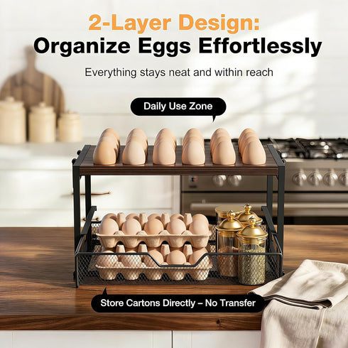 Wolera 2-Tier Countertop 24+60 Countertop Wooden Egg Holder with Basket Holds Chicken, Duck & Quail Eggs, Easter Eggs