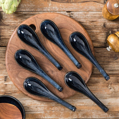 Vicrays Set of 6 Ceramic Soup Spoons, 6.4 Inch Asian Porcelain Ladle Utensils for Ramen, Dumplings, Pho, Miso (Blue)