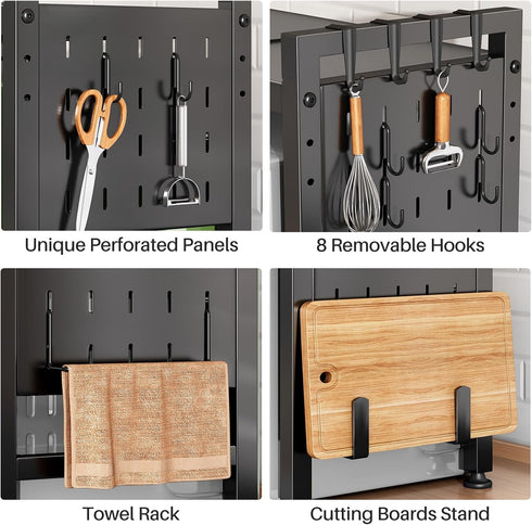 Expandable Microwave Stand Countertop, 2-Tier Adjustable Rack with 8 Hooks & 2 Holders, Heavy Duty Carbon Steel Shelf