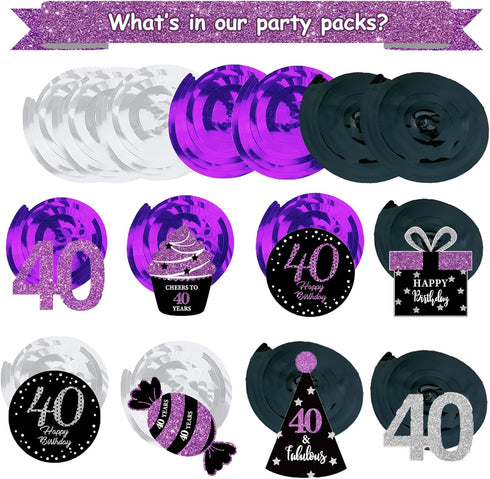 40th Birthday Decorations for Women, Purple Black Silver Foil Hanging Swirls for 40th Birthday Party