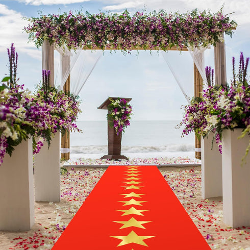 Timgle Disposable Red Plastic Carpet Runner, 3.28 x 16.4 ft, with Golden Star for Party, Wedding Theme Decoration