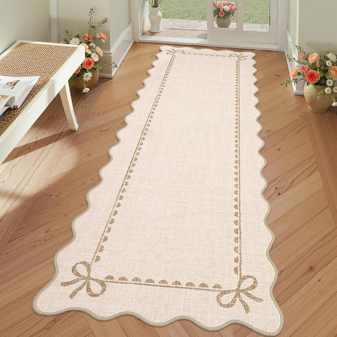 2.5x8 GarveeHome Scalloped Bow Rug for Living Room, Solid Beige Rug for Dorm, Washable Runner Rug Soft Low Pile Non