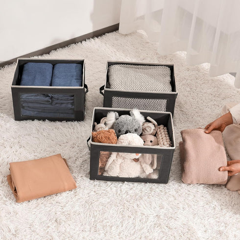 Storage Bins with Lids, Fabric Storage Boxes with Lids, Collapsible Organizers for Clothes, Towels, Books, 3 Packs, Grey