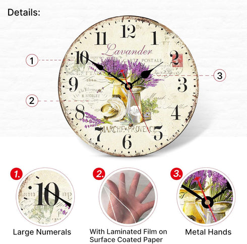 TAHEAT Romantic Lavender Wall Clock, 14 Inch French Purple Love Floral Decorative Easy to Read Clock for Living