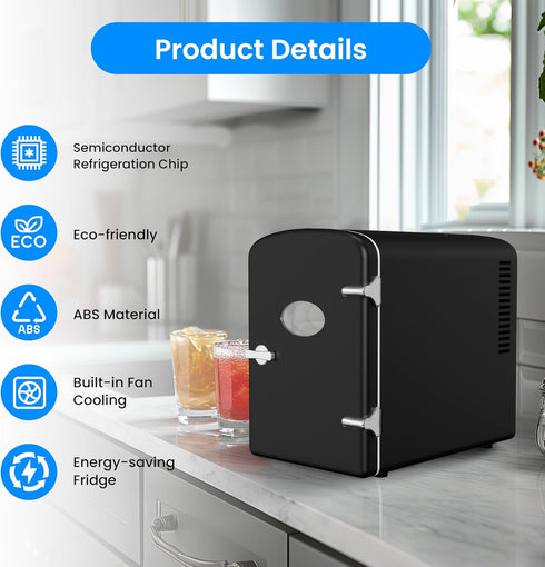 Simple Deluxe 6L Portable Mini Fridge with Observation Window, Warmer and Cooler for 9 Cans, Eco Friendly, Black