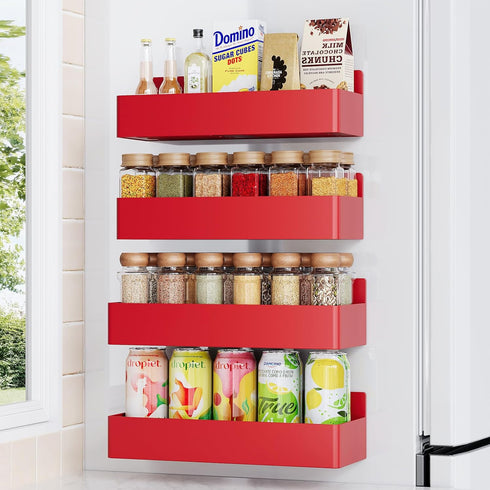 Magnetic Spice Rack for Refrigerator, Kitchen Organizer and Storage Shelf, Red, 4 Pack