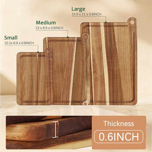 3 Pack Set, Cutting Board Acacia Wood Cutting Boards for Kitchen, Chopping Board with Deep Juice Grooves & Built