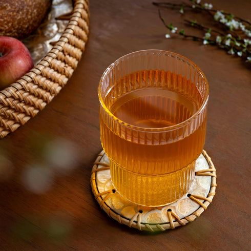 Set 6 JUNGLE CULTURE Mother of Pearl Rattan Coasters for Drinks with Holder Handmade Round Coaster of Wicker Homeware