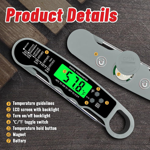Digital Meat Thermometer, IP67 Waterproof Food Thermometer for Cooking, Instant Read with Backlight & Magnet