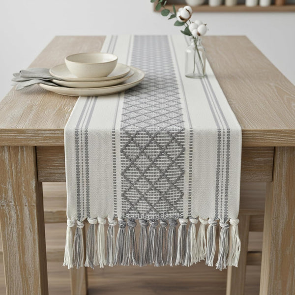 Grey Table Runner with Tassel 14x72 Inches Gray & Cream Checks Geometric