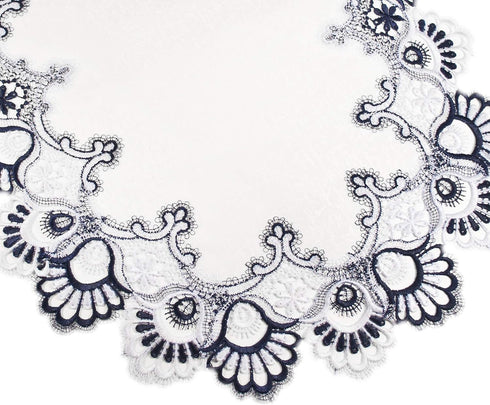 Linens, Art and Things White Navy Blue Jacquard Peacock Tail Lace Dresser Scarf Table Runner (16Wx35L)