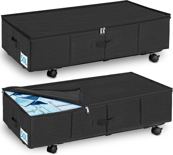 Under Bed Storage with Wheels & Lid, 2PCS Container for Blankets, Clothes, and Shoe Storage, Rolling Organizer Bin,