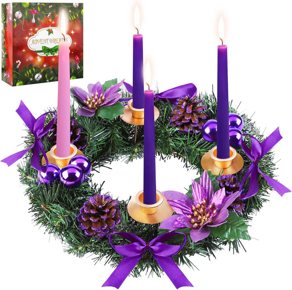 MCEAST 12 Inch Christmas Centerpiece Wreath Candle Holder with Purple Ribbon, Bowknots, Pine Cones for Home Decoration