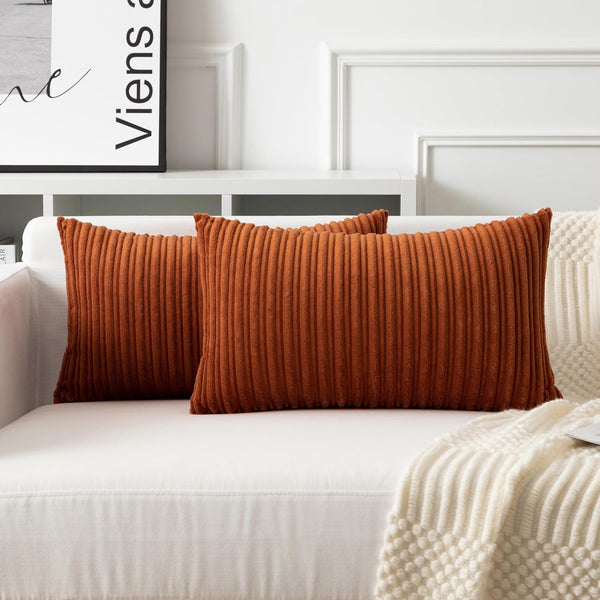 UGASA Fall Velvet 12x20 Inch Lumbar Soft Throw Pillow Covers, Decorative Corduroy Striped Cushion Cases, Pack of 2