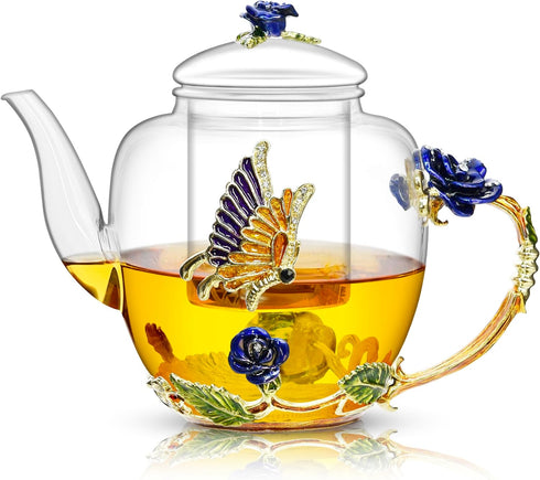 46oz/1300ml Enamel Glass Teapot With Rose Flower Butterfly And Gold Edge,Blue Rose