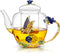 46oz/1300ml Enamel Glass Teapot With Rose Flower Butterfly And Gold Edge,Blue Rose