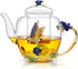 46oz/1300ml Enamel Glass Teapot With Rose Flower Butterfly And Gold Edge,Blue Rose