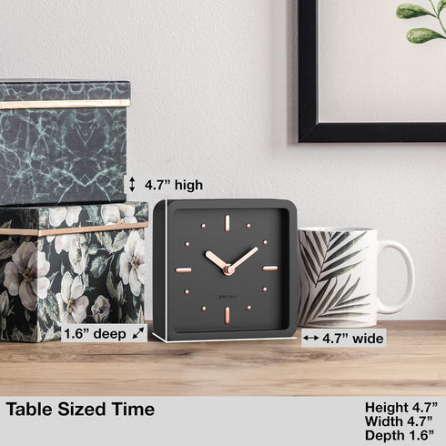 Driini Modern Mid Century Desk & Shelf Clock (Black Rose Gold) - Battery Operated with Silent, Analog Movement Small