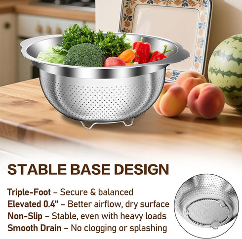 3 Colanders(2QT, 3QT, 5QT), Stainless Steel Colander for Kitchen, Stainless Steel Strainer, Pasta Strainer