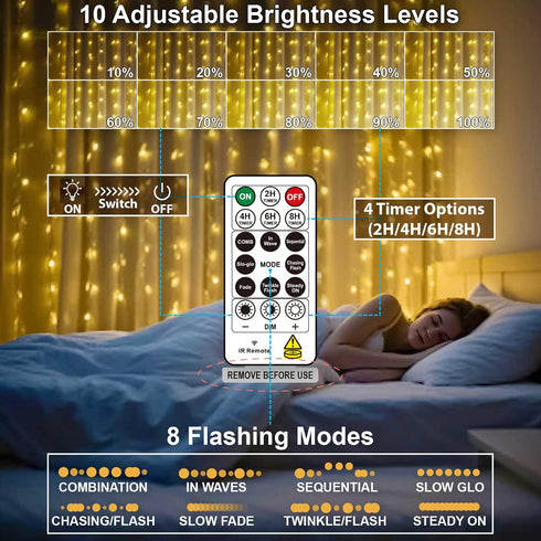 300LED 9.8x9.8Ft 8 1 Pack HXWEIYE Fairy Curtain Lights, USB Plug-in Modes Christmas String Hanging Lights with Remote