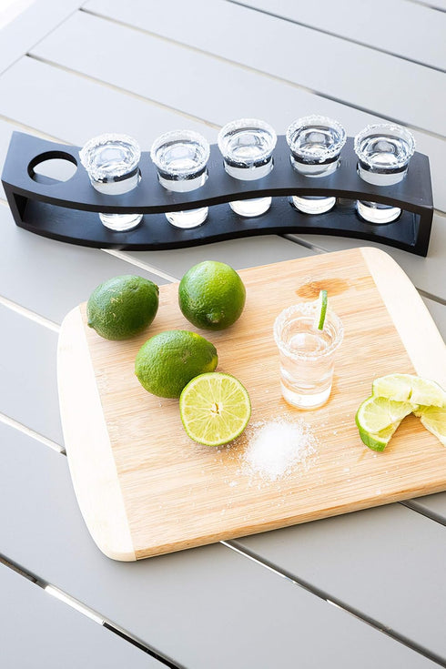 LEMONSODA Shot Glass Set with Wood Layered Base Tray - 6 Shot Glasses for Whiskey, Tequila, Rum, Vodka