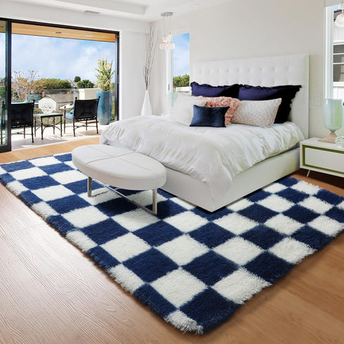 KICMOR 4x6 Navy Blue and Cream White Rugs for Living Room, Fluffy Fuzzy Shag Checkered Rug Shaggy Carpet for Bedroom