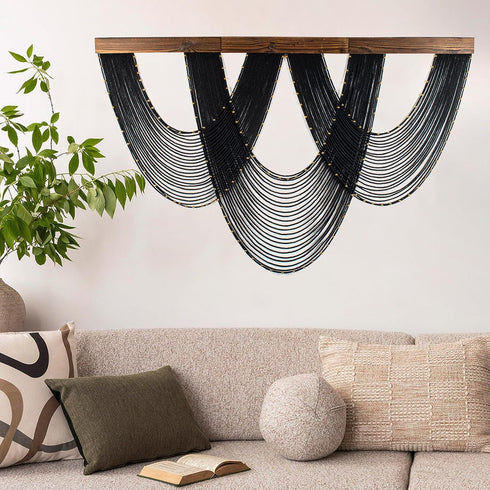 LB 47x30 Inch Large Macrame Wall Hanging Black, Boho Tapestry Wall Hanging Macrame Wall Art Handmade Yarn Woven Wall