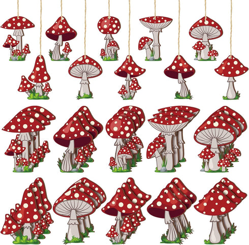 Patelai 30 Pcs Red Mushroom Ornaments for Tree Mushroom Wooden Ornaments Hanging