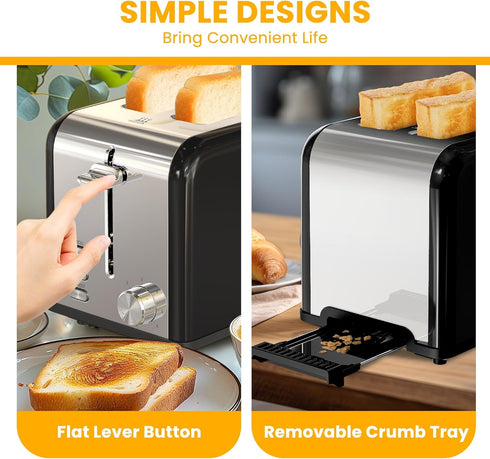Simple Deluxe 2-Slice Toaster - Stainless Steel Toaster with 6 Browning Settings and Extra Wide Slot