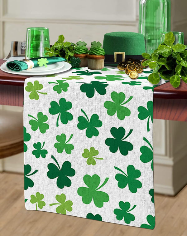 St Patrick's Day Green Shamrocks/Clover Table Runners, 13" x 70" Long Cotton Linen Non-Slip Rectangle Dresser Scarves
