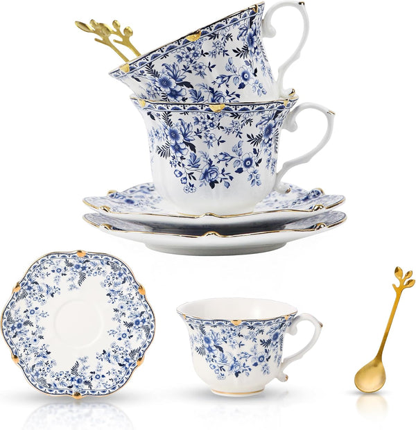 TATSUMI Country Roses Bone China Tea Cup and Saucer Set, 6 Pieces, Vintage