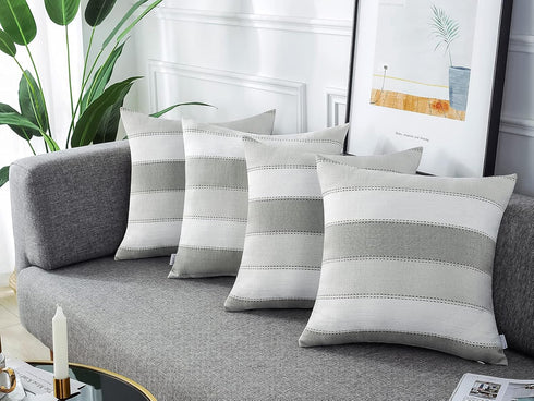 AmHoo Pack of 2 Light Grey Beige Farmhouse Stripe Check Throw Pillow Covers, Cotton Linen Decorative Cushion Case