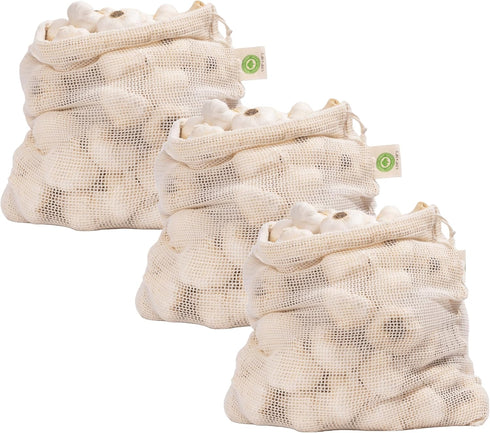 Reusable Organic Cotton Garlic Storage Bags - Washable Mesh Bags with Drawstring for Garlic, Onion, Potato