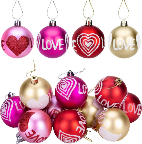 12 Pieces Valentine's Day Hanging Ball Ornaments, Heart Glitter Balls for Party and Wedding Decorations