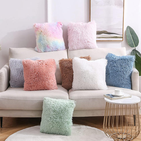 Soft Faux Fur Throw Pillow Covers, Pack of 2 Peach Blush Plush Tie Dye Pink Cushion Cases for Sofa