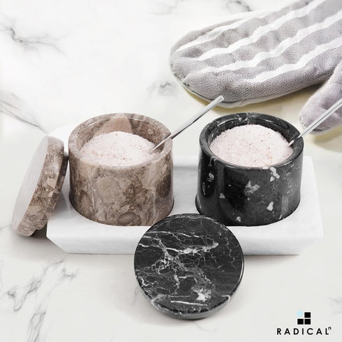 3" Inch Set 2 Countertop Radicaln Marble Salt Cellar with Lid and Tray Oceanic & Black Handmade of Seasoning Jars