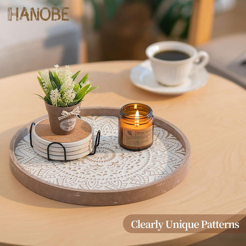 12 Inch Counter Hanobe Decorative Coffee Table Tray: Round Wood Trays for Boho Home Decor Rustic Farmhouse Centerpiece